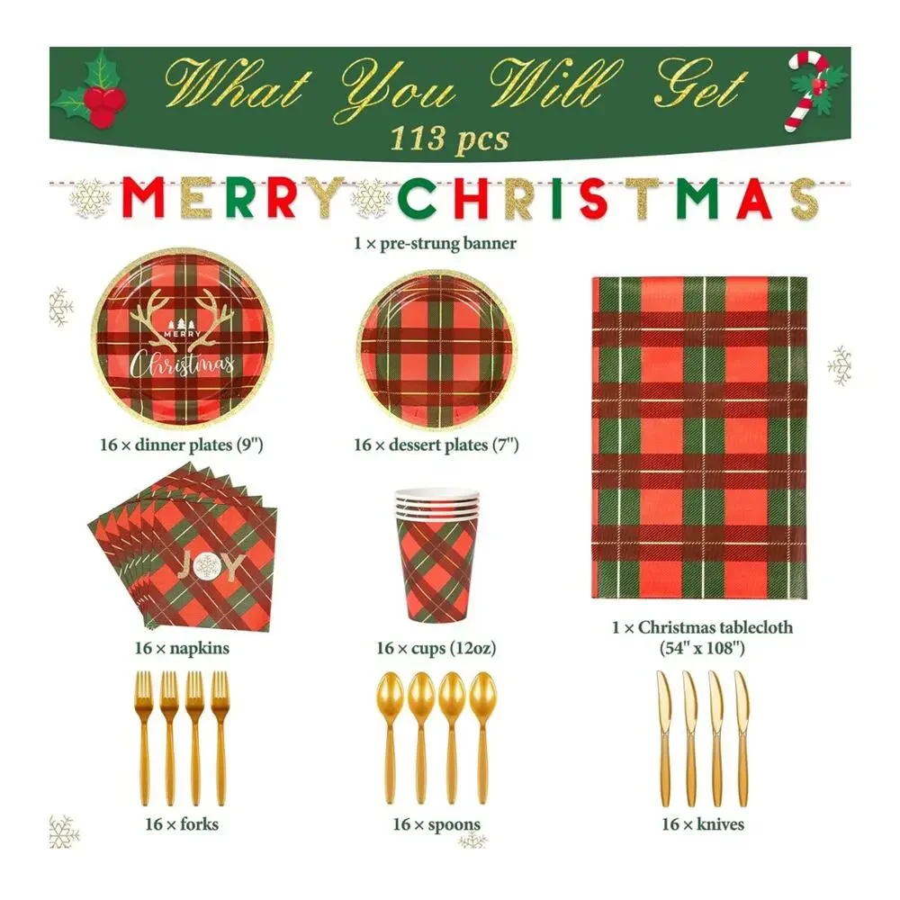 Christmas Party Pack with Decorations and Plates Serves 16‎ Tablecloth Cutlery…